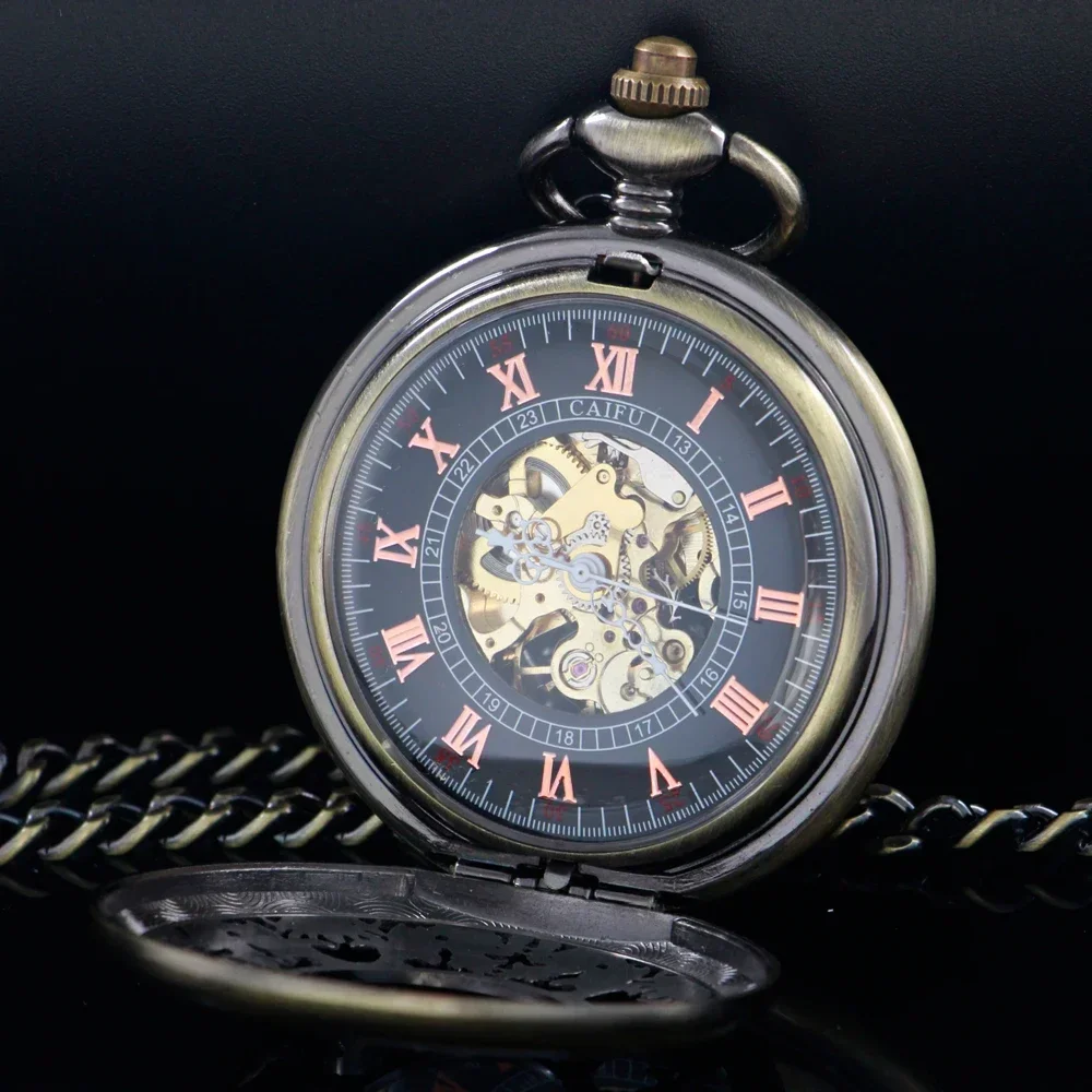 Steampunk Vintage Luxury Bronze Mechanical Pocket Watch Men Roman Numerals Display Vintage Thick Chain Pendant Timepiece