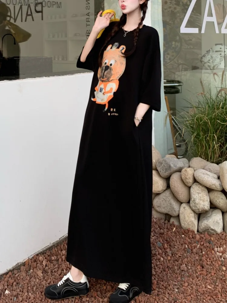 ルーズカジュアル韓国スタイル半袖 Tシャツドレス女性のロングサマードレスルーズスリットラウンドネックミディレディースドレス