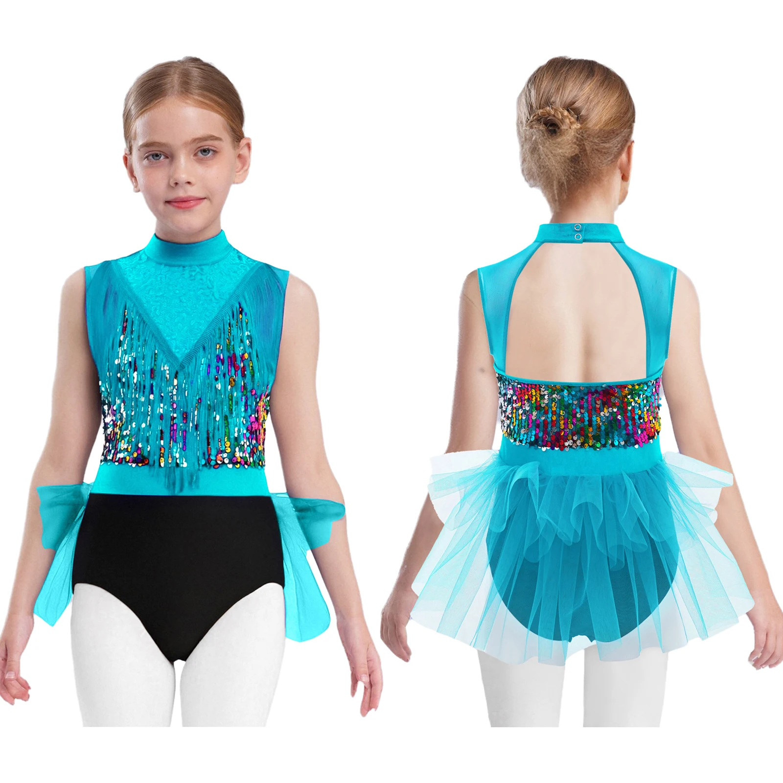 

Kids Girls Jazz Latin Dance Bodysuit Sleeveless Cutout Back Tassels Shiny Sequins Mesh Skirted Leotard Figure Skating Costume