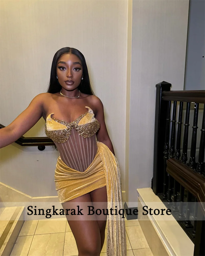 Sexy Gold Prom Dress Velvet Luxury Crystal Beads Birthday Party Cocktail Gown Homecoming Robe De Bal Lace Up Back Customized