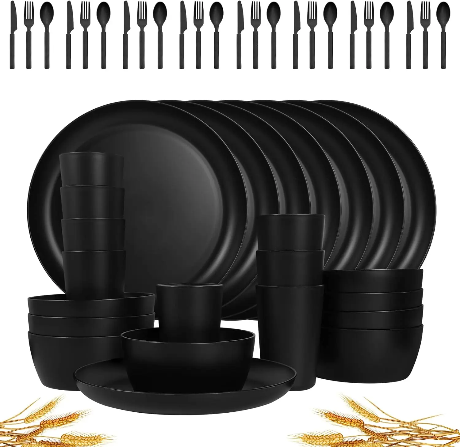 

48-piece plastic wheat straw cutlery set 8-piece plate and bowl Lightweight Dishwasher-safe Microwavable Suitable for camping