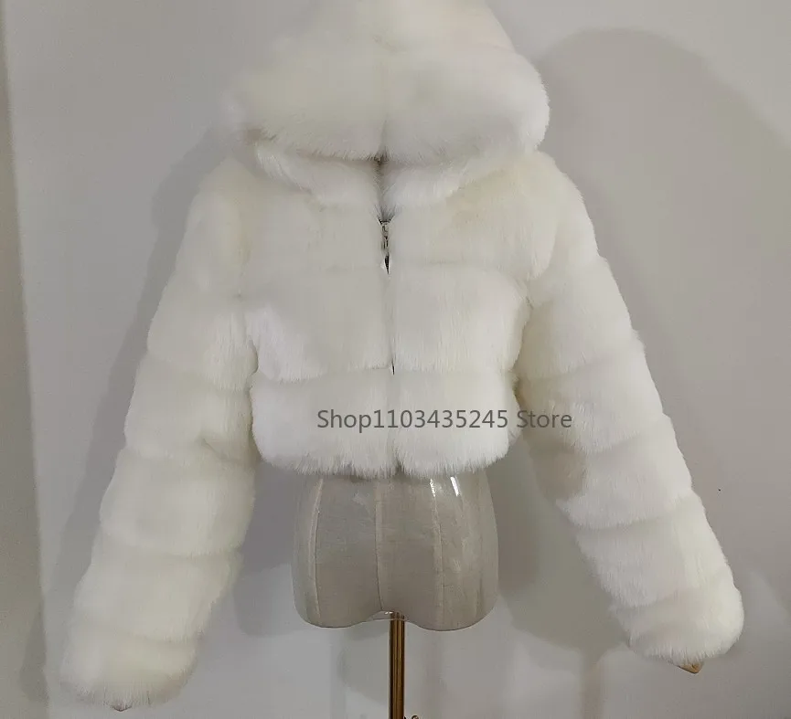 Abrigo grueso de piel sintética para mujer, Chaqueta corta con capucha, manga larga, Estilo Vintage, moda de otoño e invierno