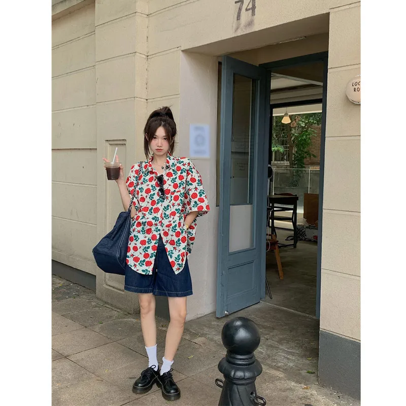 Summer New Vintage Printing Shirt Tops Polo Neck Short Sleeve All-match Loose Blouse Fashion Casual Women Clthing