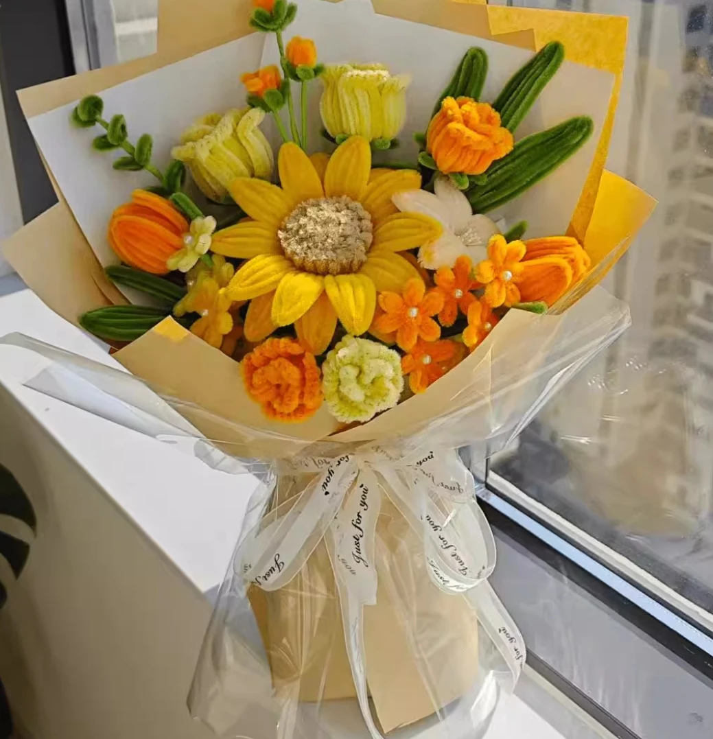 باقة عباد الشمس لعيد الحب الصيني، عبوة مواد يدوية الصنع، زهور نهائية محلية الصنع لصديقتك