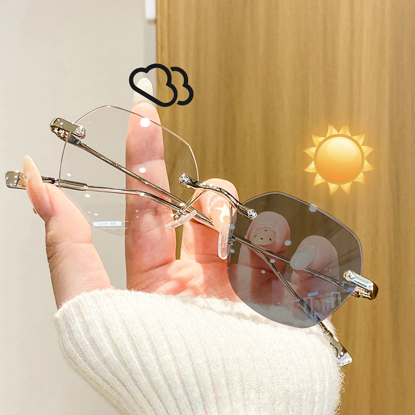 1 Pair of Women's Frameless Polygonal Metal Photochromic Glasses, Lightweight, Exquisite, Stylish, Simple, High-End, Fashionable Women's Glasses, Suitable for Outdoor Driving, Leisure, Shopping, and Travel