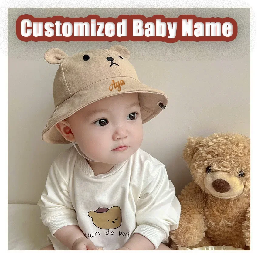 Personaliseer Schattige Beer Baby Emmer Hoed Met Oren Jongen Meisje Katoen Kid Zonnehoed Outdoor Zomer Kind Panama Cap Aangepaste Baby Naam