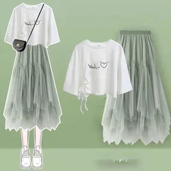 Women Cute Clothes 2024 Summer Korean Loose Print Short Sleeve T-shirt Irregular Mesh Skirt Two Piece Set Tops Midi Skirt Outfit