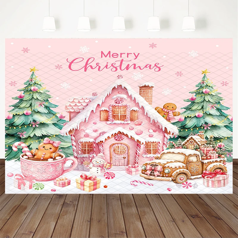 Mocsicka Photography Background Christmas Decorations ﻿Pink House Cookie Truck Gingerbread Man Snowman Child Girl Photo Backdrop