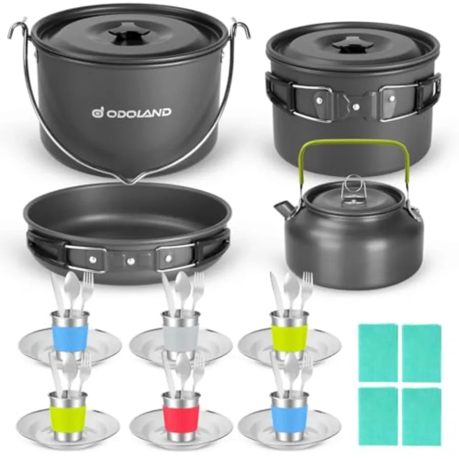 

Odoland 39pcs Camping Cookware Mess Kit Non-Stick Large Size Hanging Pot Pan Kettle with Base Dinner Cutlery Sets for 6 and Mor