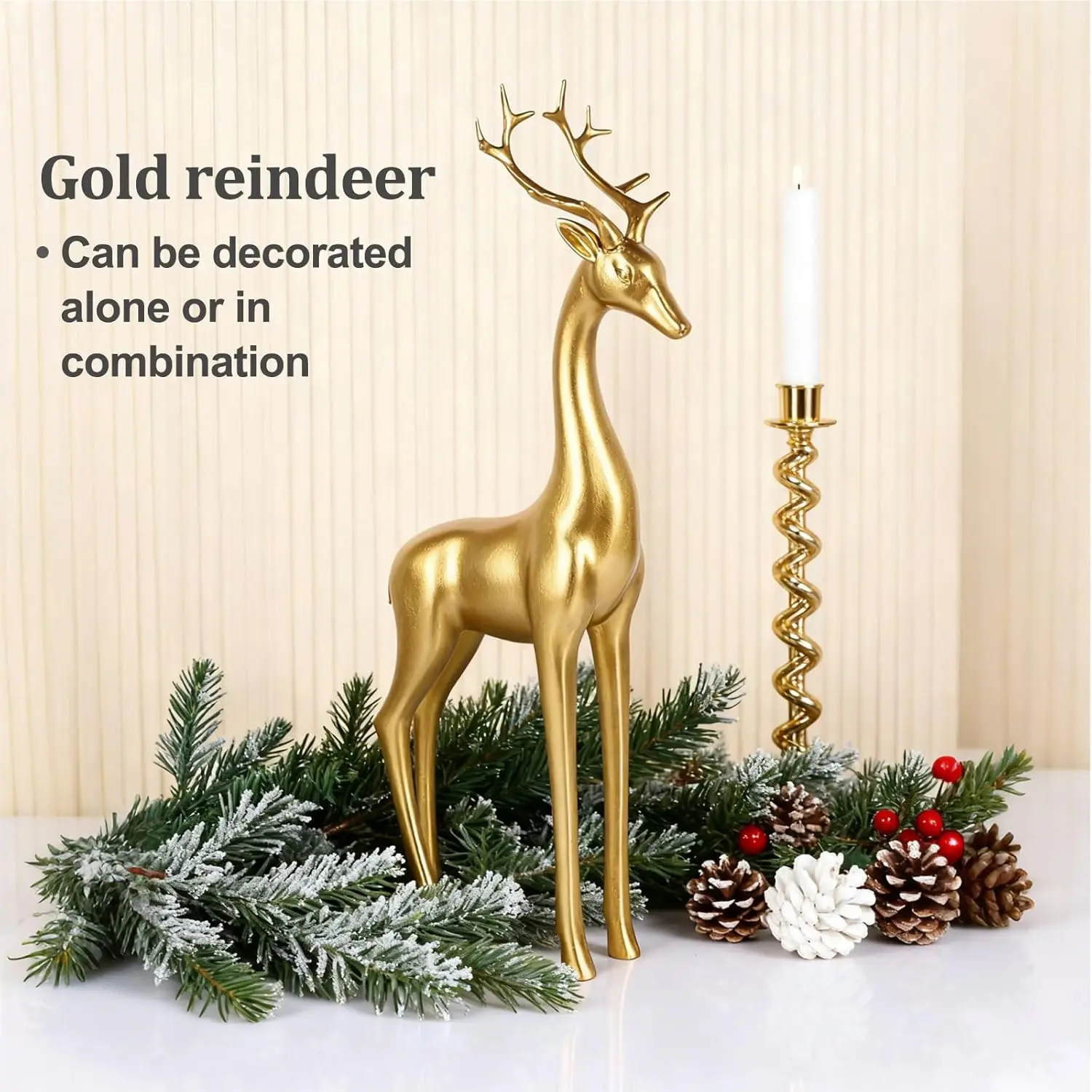 Juego de figuritas de renos dorados grandes: estatuas de ciervos de resina de 13" de alto para decoración navideña del hogar, mesa o repisa