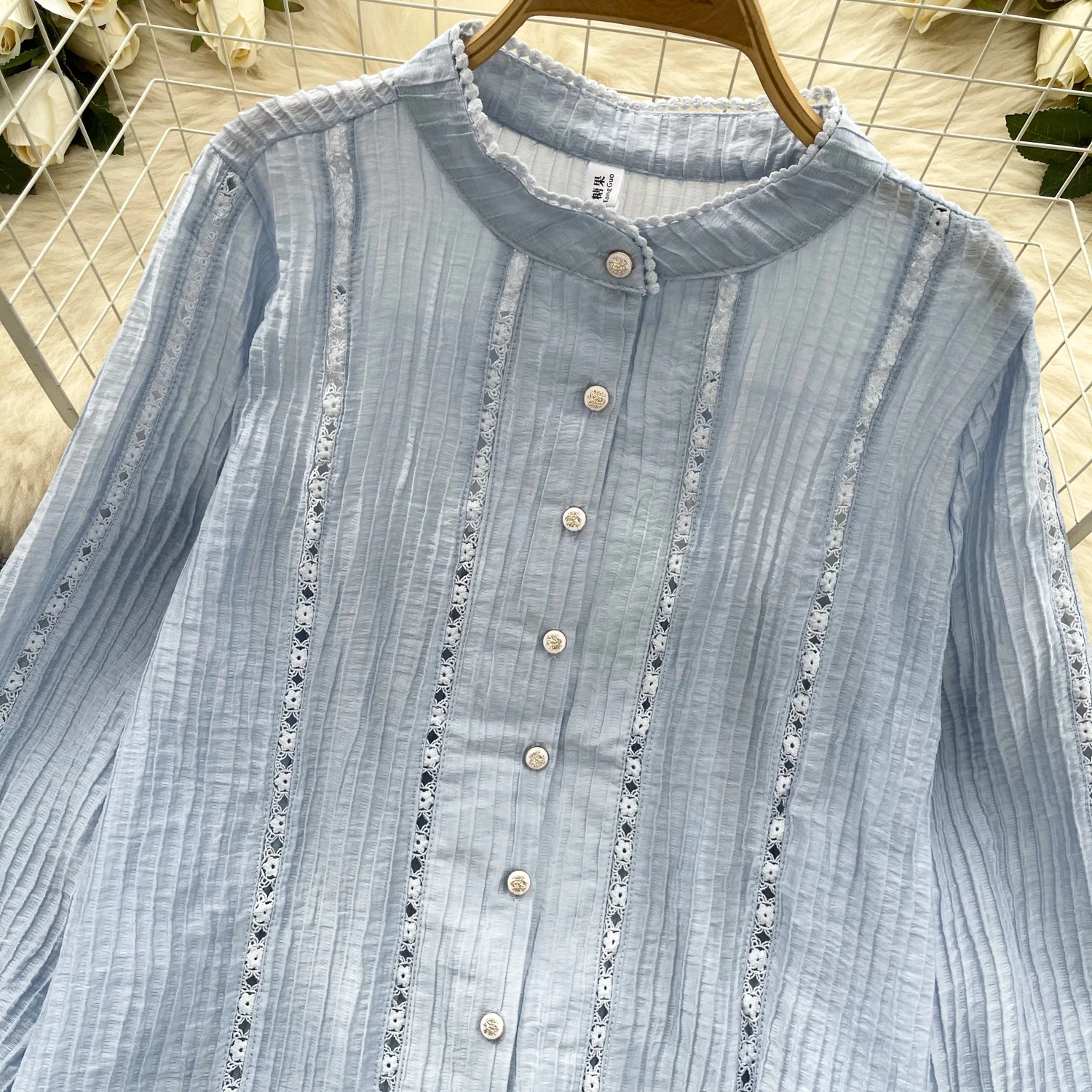 Camisa de peito único para mulheres, blusa vintage chique, oca, gola alta, manga de lanterna emendada com renda, blusa casual, rua alta