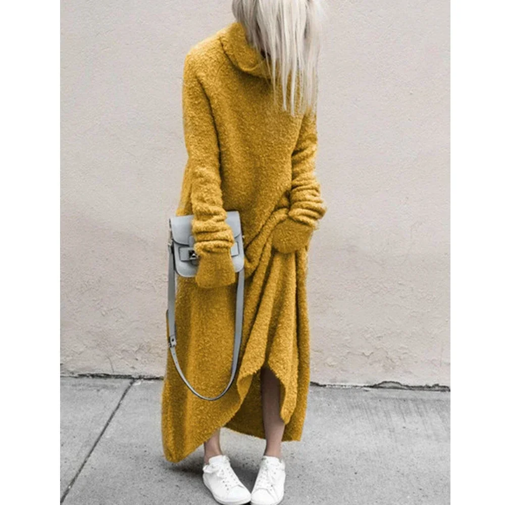 Women\'s Furry Turtleneck Long Sleeve High Waist Dress, Warm Sweater, Large Size, Monochromatic