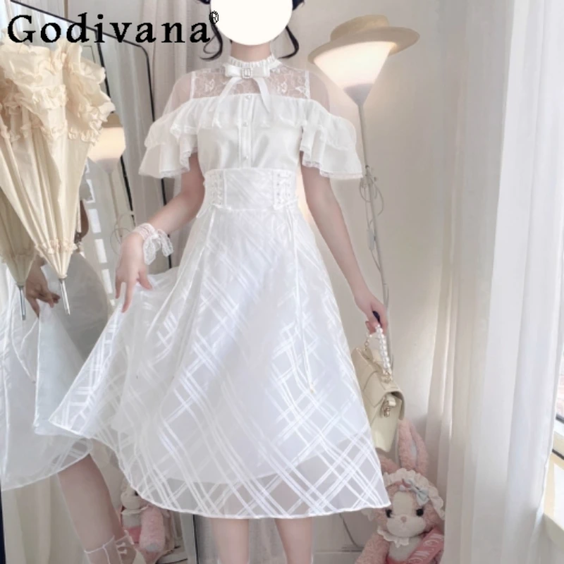 

Girls Japanese Style Lolita Outfits Original Series Elegant Shirt High Waist Long Skirt Set Women Flutter Sleeve Elegant Suits
