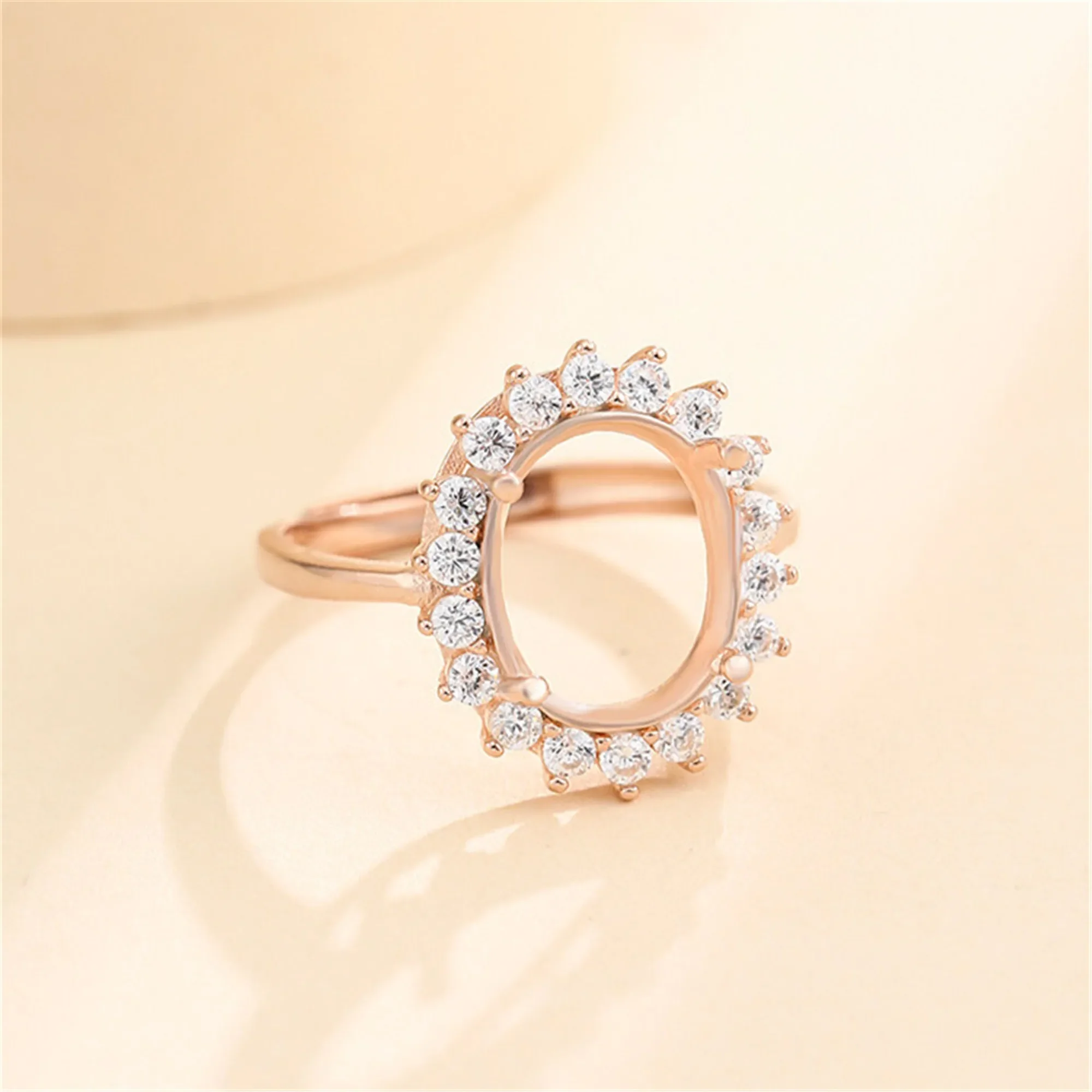 Rose Gold Plated 925 Silver Zircon Adjustable Ring Setting for 7x9mm/8x10mm/10x14mm/12x16mm/13x18mm Oval Cabochon