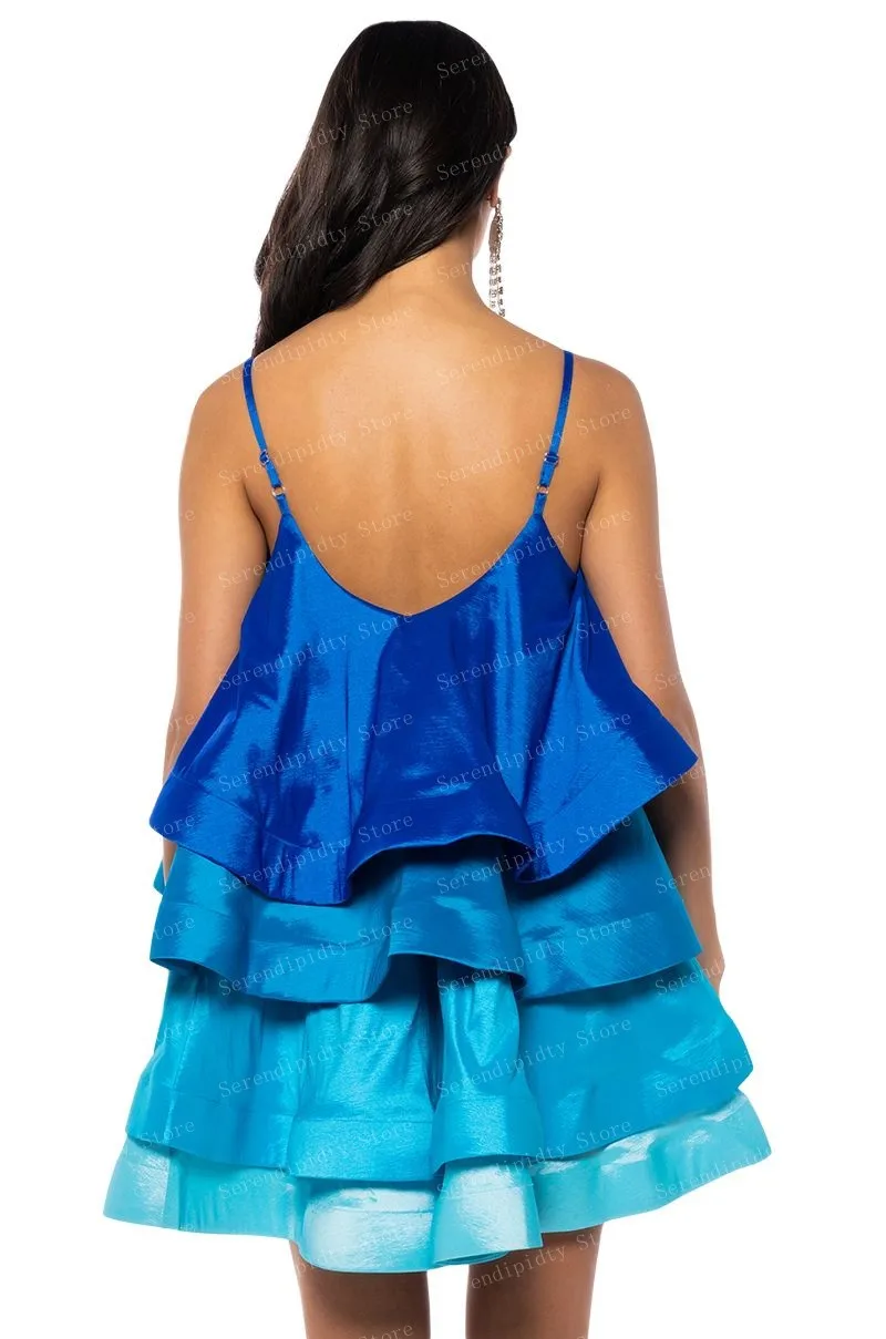 Spaghetti Straps Ruffled A-line Blue Satin Dress Above Knee Party Dresses Layered Woman Clothes Open Back Casual Gowns Ever Pret