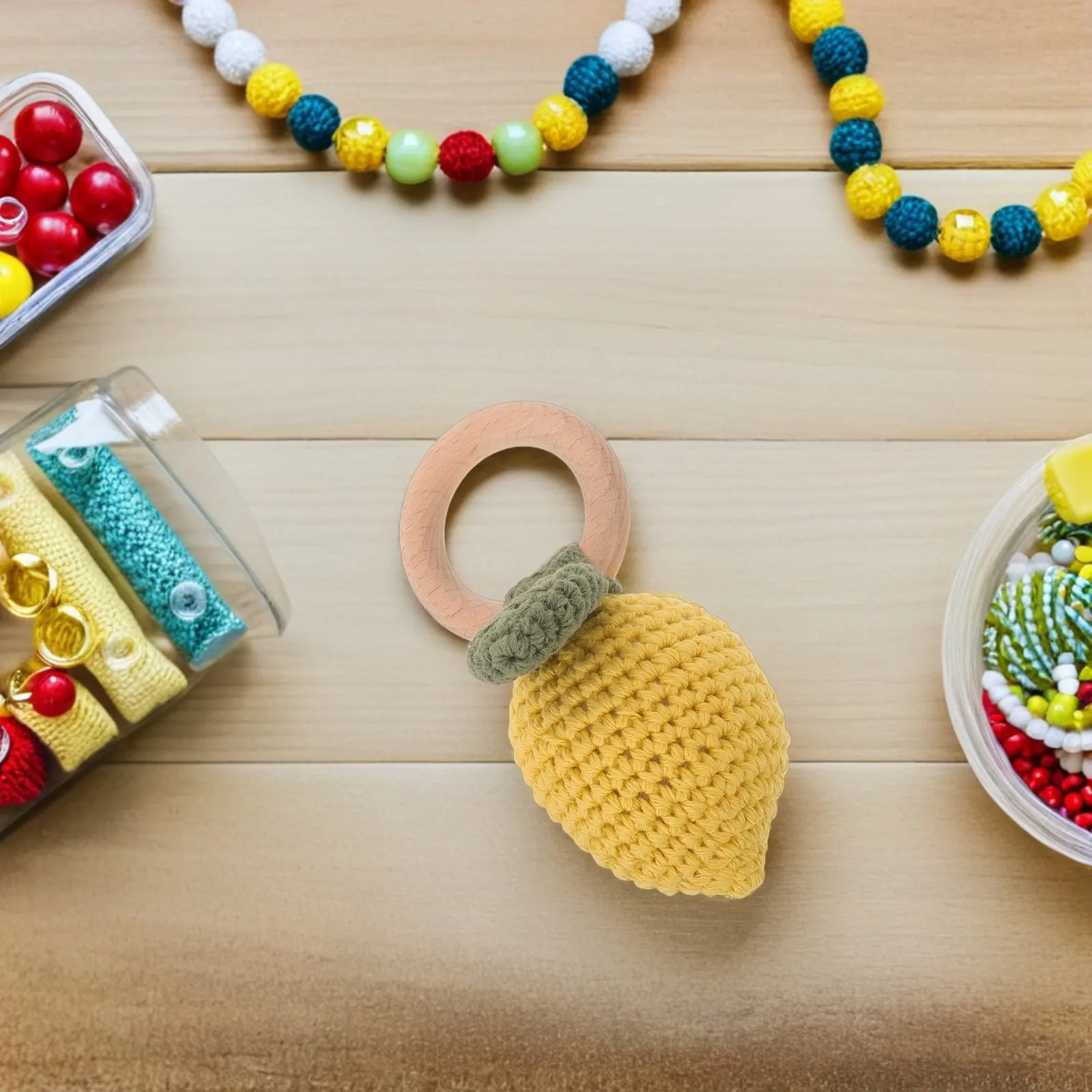 Wooden Newborn Sensory Handmade Crochet Fruit Shaker Montessori Wood Ring Teether Infant Grasping Developmental