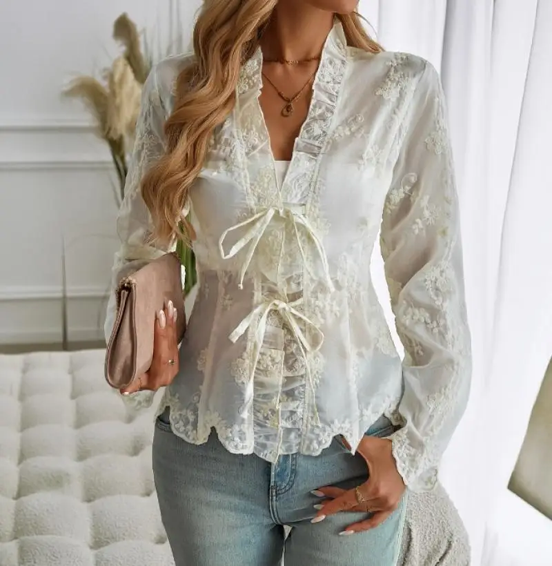 Korean Elegant Women's Shirt Autumn Y2K Clothes Sexy Lace Embroidery VNeck Long Sleeved Shirt Top Versatile Casual Women's Shirt