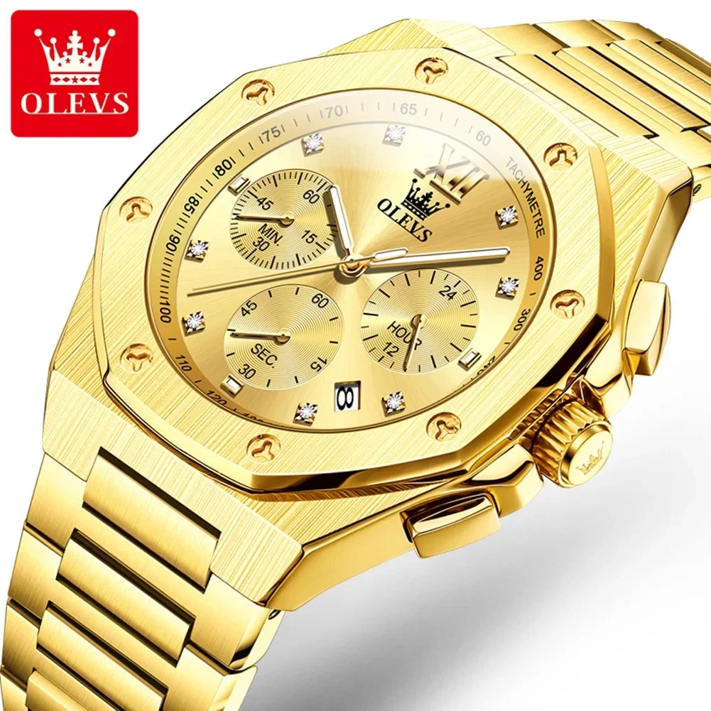 2024 NEW OLEVS Gold Watches for Men Brand Chronograph Wristwatch Original Waterproof Luminous Quartz Relogios Masculino Hombre