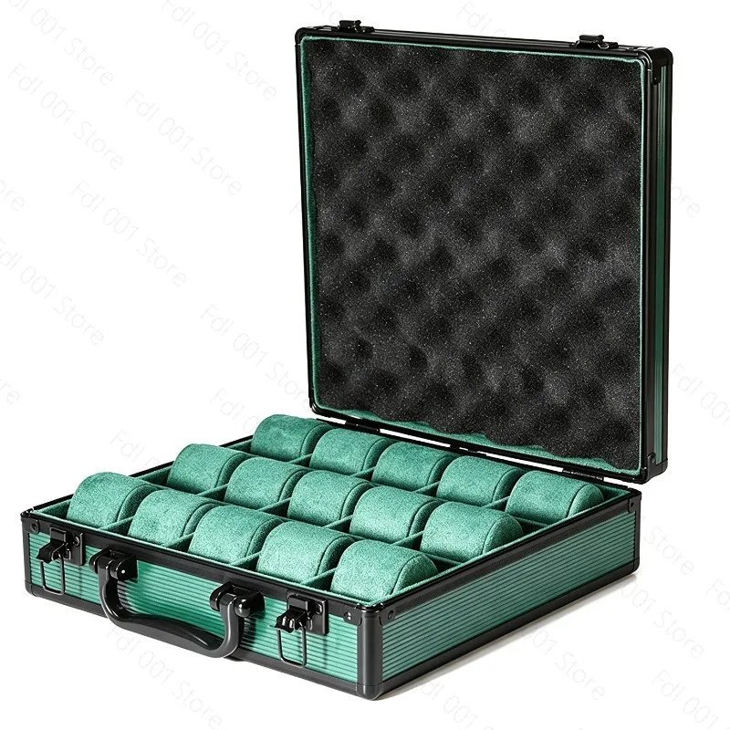 Aluminum Alloy Watch Storage Box Multi-grid Watch Box with Lid Portable Watch Jewelry Collection Box Green