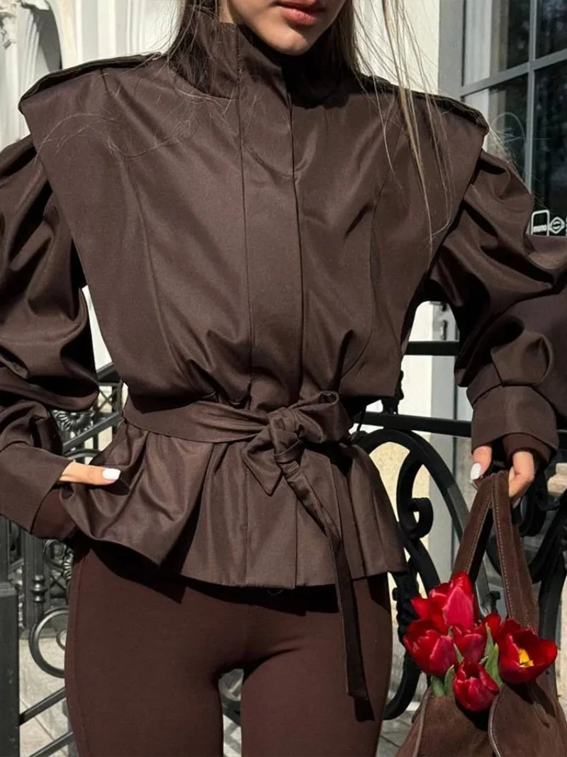 

Women Fashion Solid Broad Shoulders Coats Dark Brown Full Sleeves High Neck Jackets 2025 New Autumn Lady Daily Street Outerwear