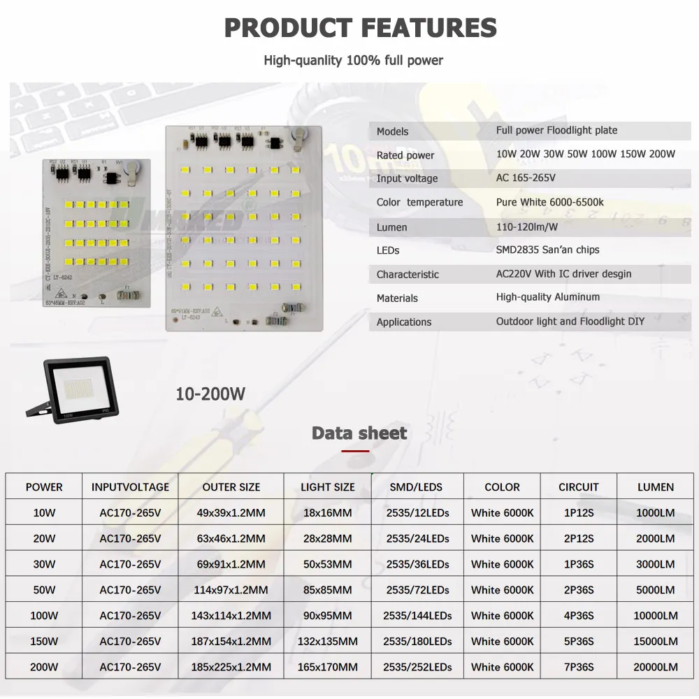 Outdoor Lamp Repair AC220V LED PCB Plate 10W 20W30W 50W 100W 150W 200W SMD2835 Light Source Panel For Floodlight Replace DIY Kit