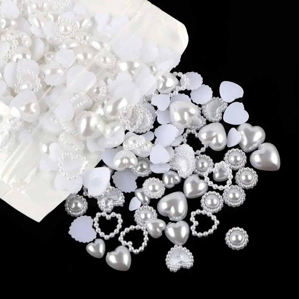 Perles demi-rondes en forme de coeur d'amour, perles exquises ABS, belle décoration de manucure blanche, dos plat, taille aléatoire, 460 pièces