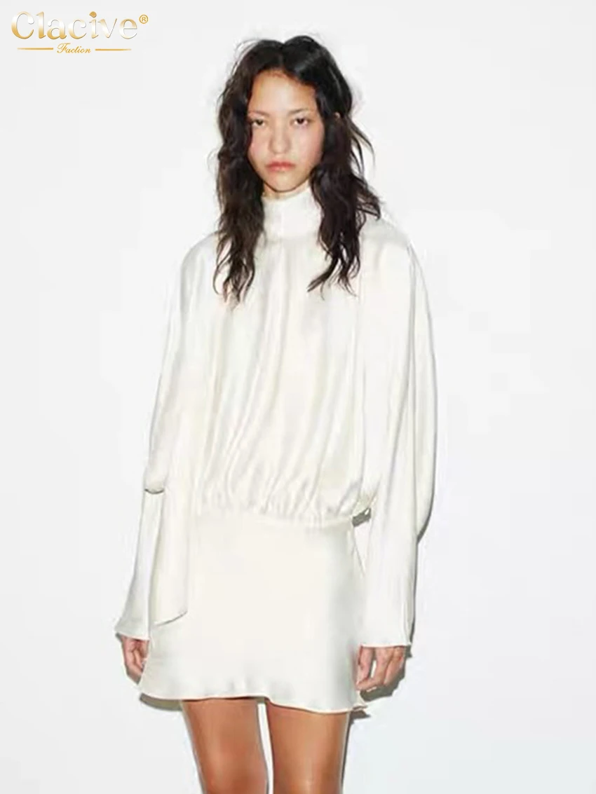 

Clacive Fashion Loose Black Satin Women's Dress 2026 Spring Turtleneck Long Sleeve Mini Dresses Lady Elegnt Lace-Up Female Dress