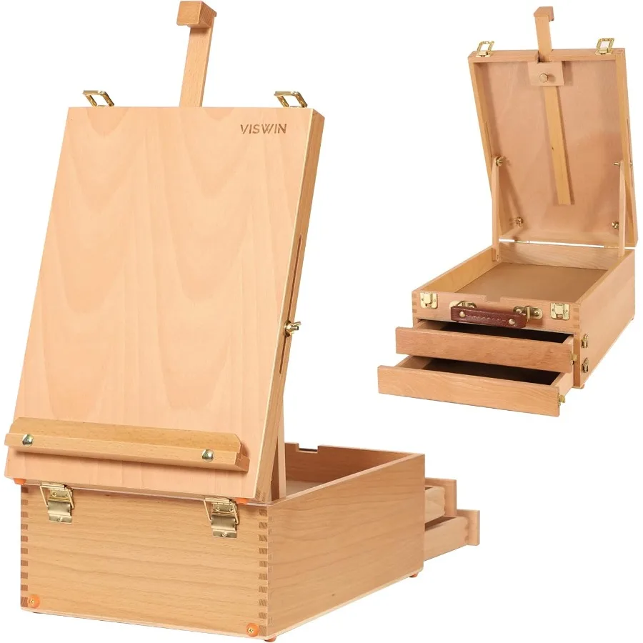 

Large Tabletop Easel Box with 3 Storage Drawers Adjustable Portable Beech Wood Desktop Easel for Painting Drawing Plein-Air Art