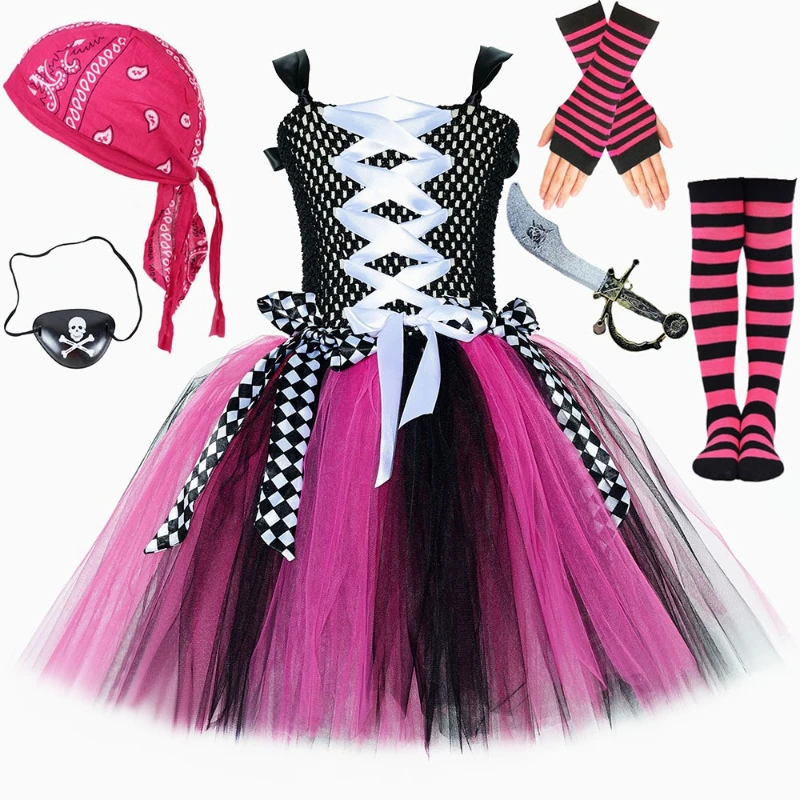 

Ярко-розовые, черные пиратские костюмы для девочек, платье-пачка капитана пирата с нашивкой на глаза, бандана на голову, детские карнавальные наряды на Хэллоуин