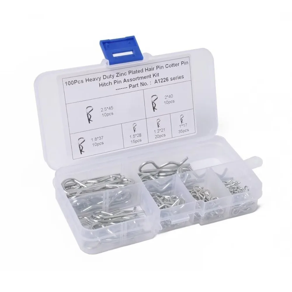 R-Shape Design Split Cotter Pins Carbon Steel Material Galvanized Finish Hitch Pin Clips Plastic Box Storage Retaining Pin Kit