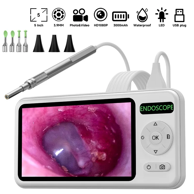 

Цифровой отоскоп с 5-дюймовым экраном, камера HD1080P 3,9 мм, устройство для уборки ушей с 6 светодиодами, инструмент для удаления ушного воска, палочка для чистки ушей для детей и взрослых