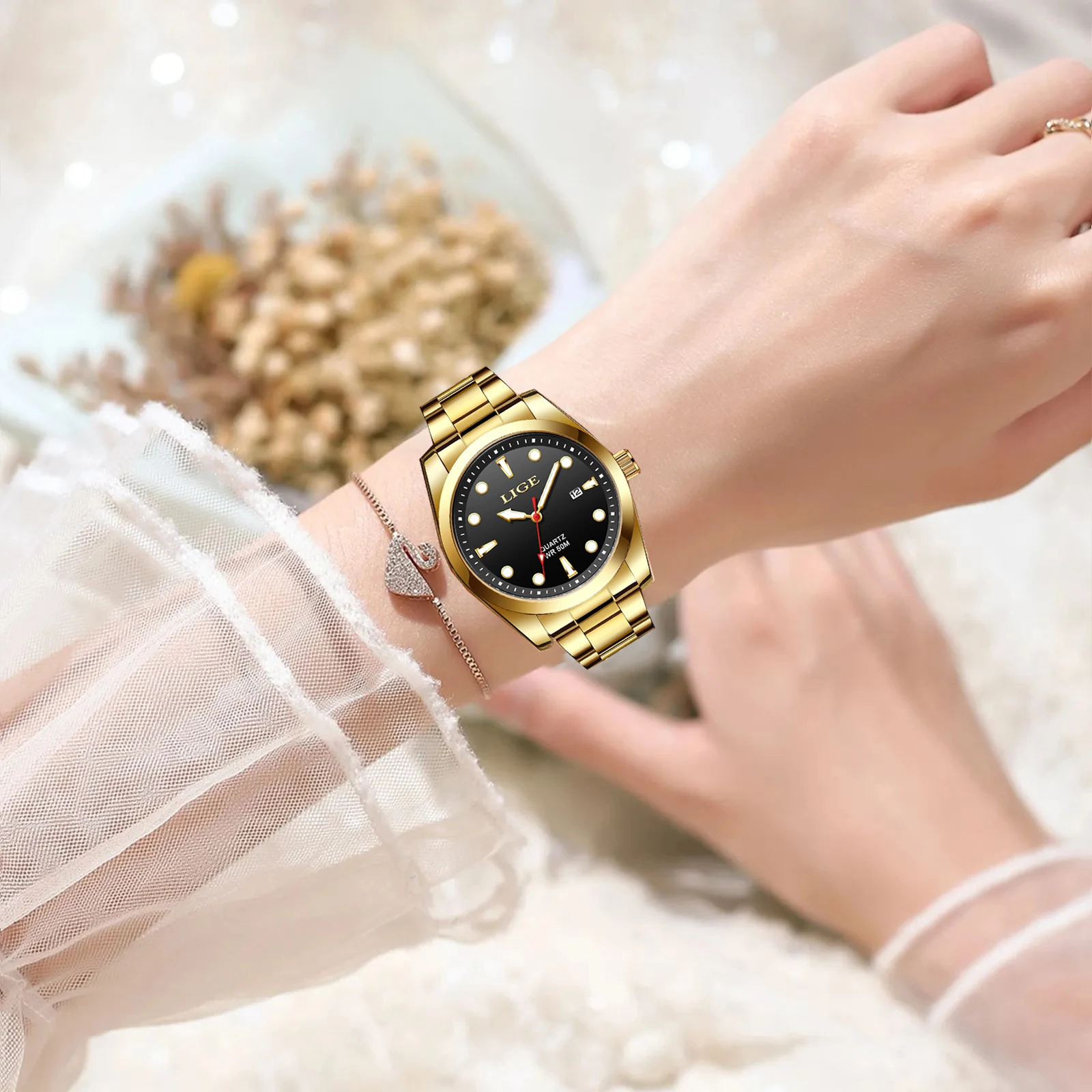 LIGE Ladies Wristwatch Luxury Waterproof Luminous Date Golden Watch For Women Dress Stainless Steel Quartz Women\'s Watches+Box