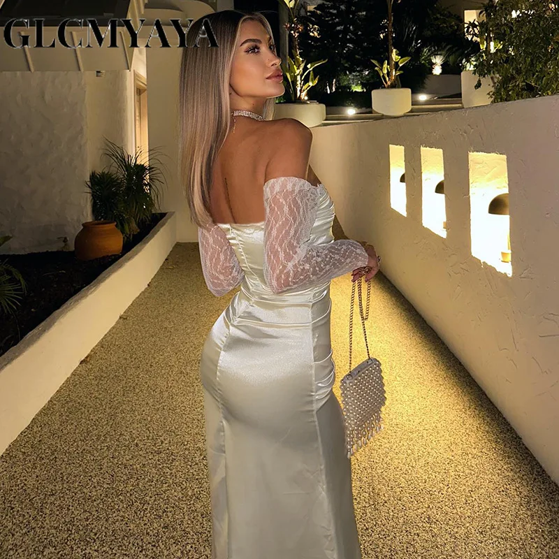 GLCMYAYA-vestido de encaje Vintage para mujer, manga larga, cuello de barco, pliegues empalmados, Bodycon, moda Formal, elegante, vestidos de noche, 2023