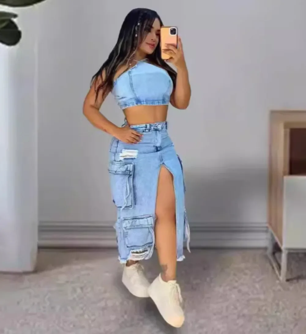 

Fashion Women's Stretch Denim Skirt Washed Ripped Pockets Zippers Clothes Chic Sexy Streetwear Ladies Slit Long Skirts