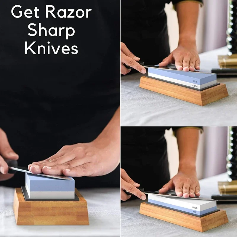 Double Side Whetstone Non Slip Bamboo Base Knife Coarse Fine Sharpening Polishing Water Sharpener Angle Guide Flattening Stone