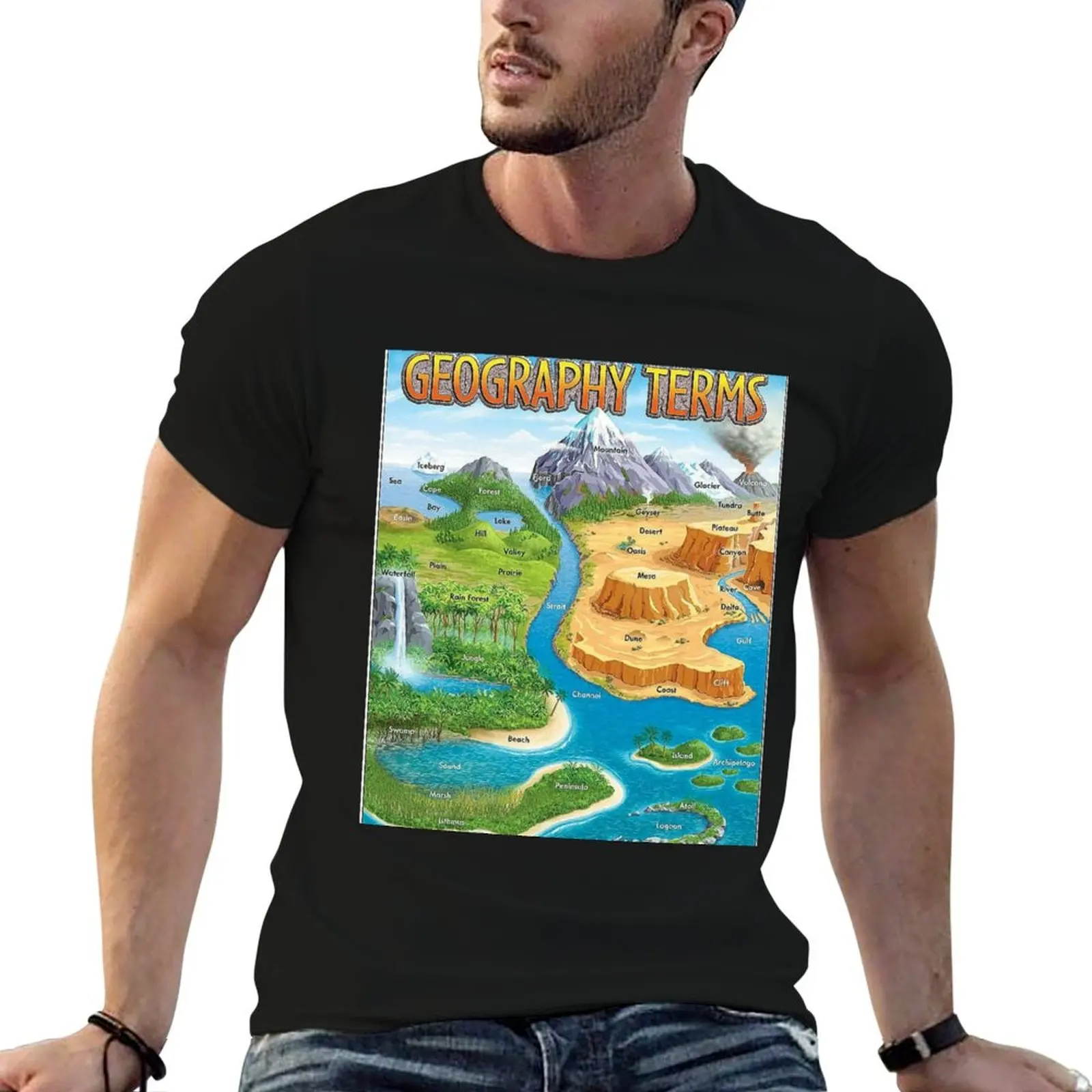 T-shirt à manches courtes avec impression élégante, motif carte des termes géographiques des années 90