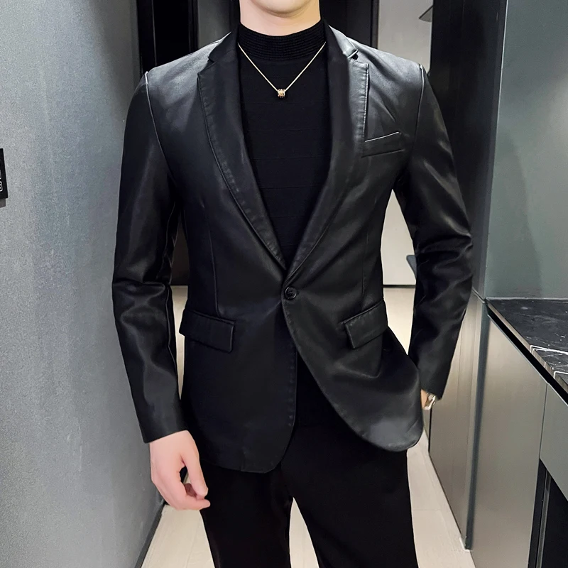 

Весенне-осеннее модное мужское высококачественное облегающее повседневное кожаное пальто, мужские деловые офисные клубные вечерние пиджаки из искусственной кожи, куртки, верхняя одежда
