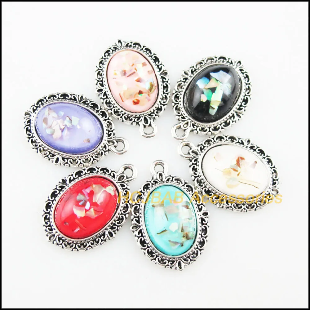 New 12Pcs Mixed Shivering Resin Charms Tibetan Silver Plated Oval Flower Teardrop Eye Pendants Connectors J265