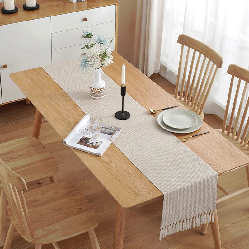 Cotton Linen Table Runner with Tassel, Nordic Farmhouse Solid Beige Table Scarf, Woven Table Flag for Home Dining Decor