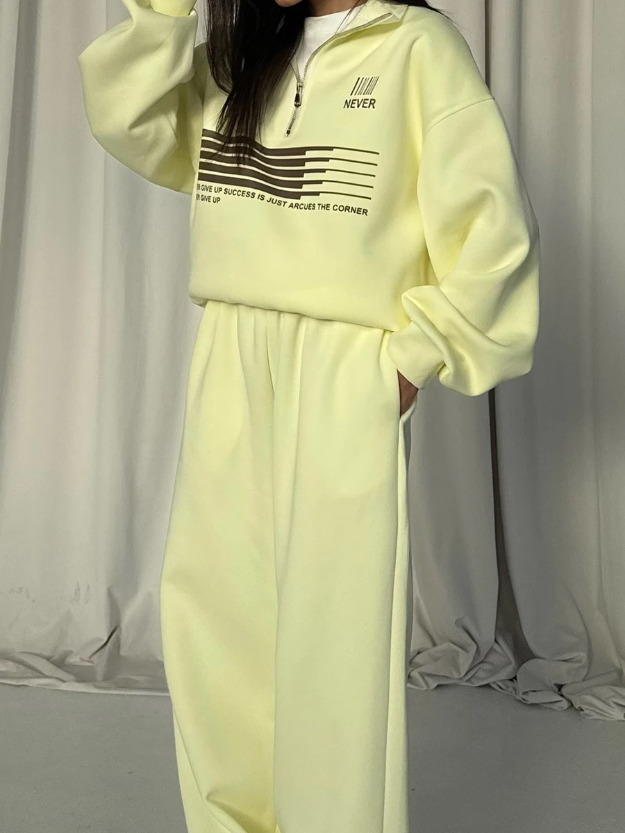 Brief Print Trekkoord Joggingbroek 2-delige set Dames Lange mouw Losse Rits Sweatshirt Herfst Vintage Casual Sportbroek Sets