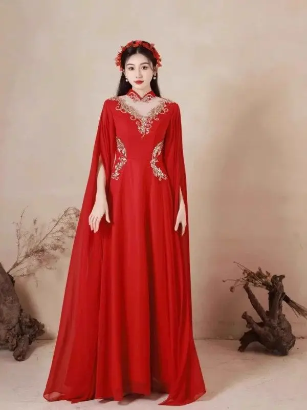 

Ele Red Ancient Chinese Guzheng Performance Dr Women's Adult Stage Solo Singing Host Slimming Drifting Long Skirt