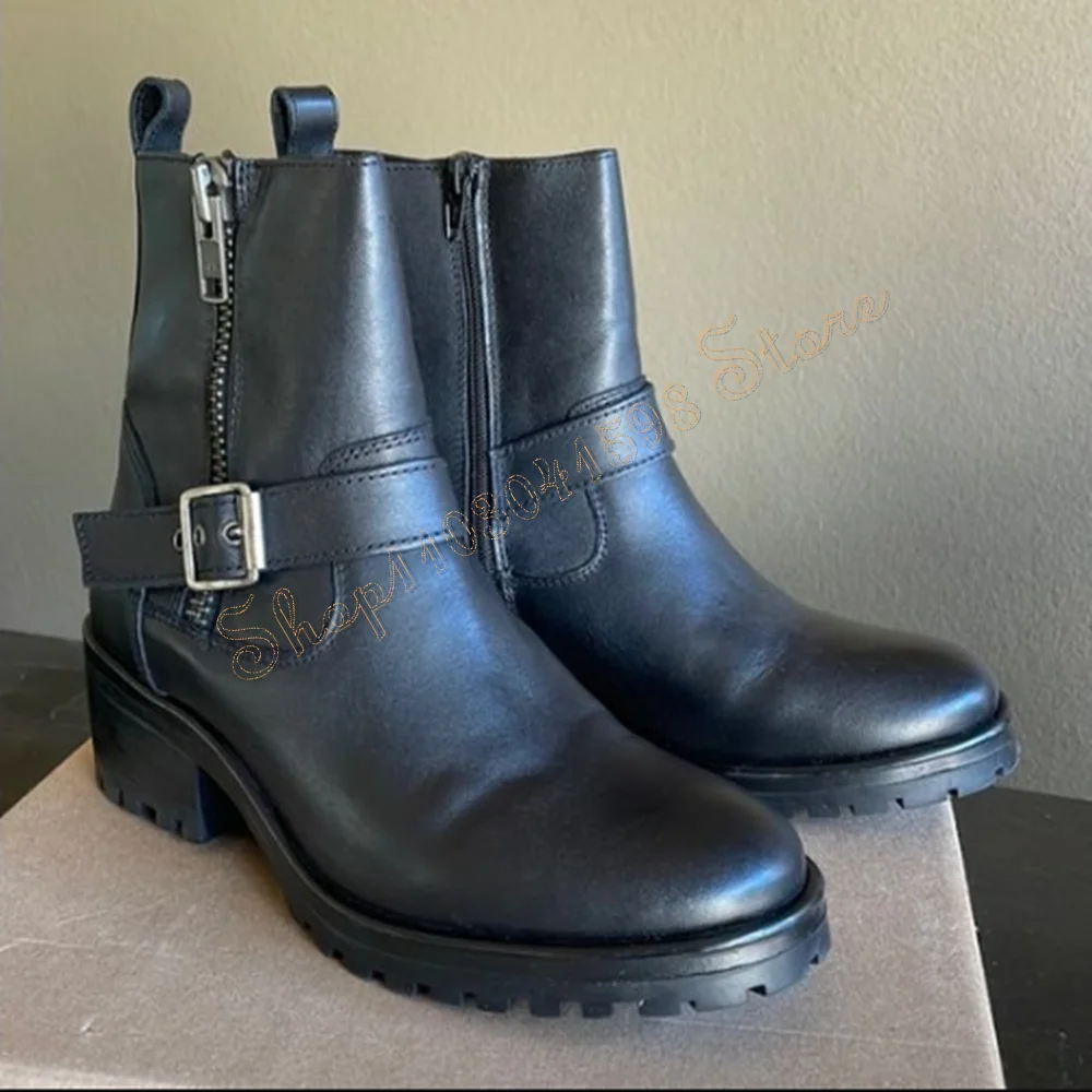 Botas de zíper lateral preto para mulheres, decoração de fivela, bezerro médio, salto grosso, dedo do pé redondo, salto alto, novo, 2022