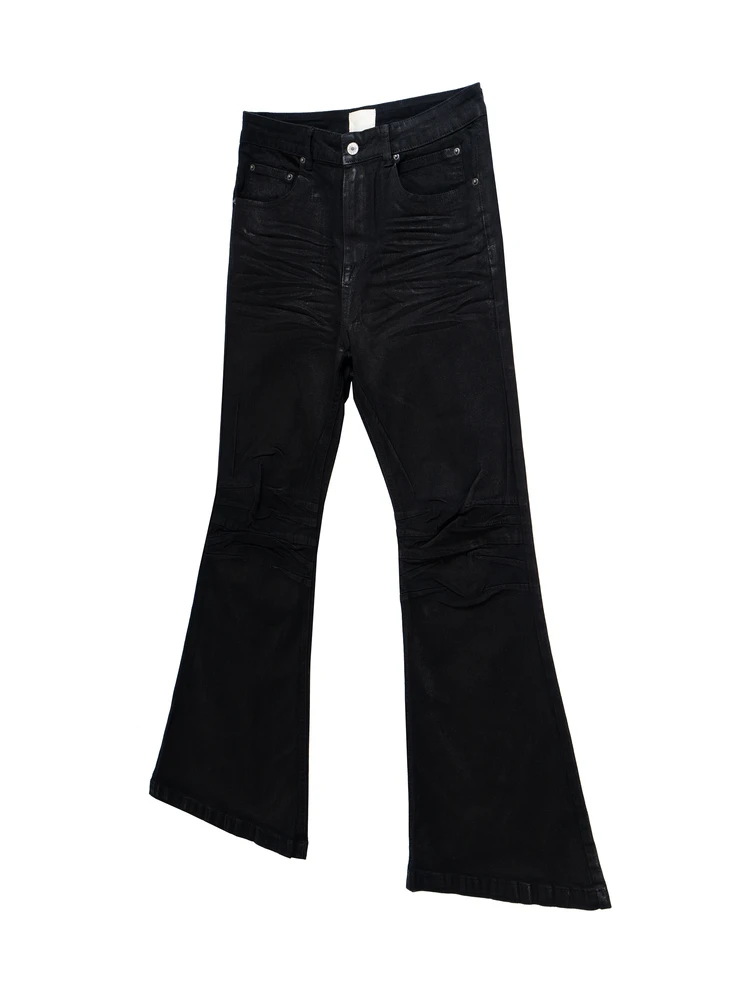 Retro Dark American High Street Handmade Brush Wax Coating Washed Floor Micro Flared Jeans Men Trendy mid Waist Loose Fit Jeans
