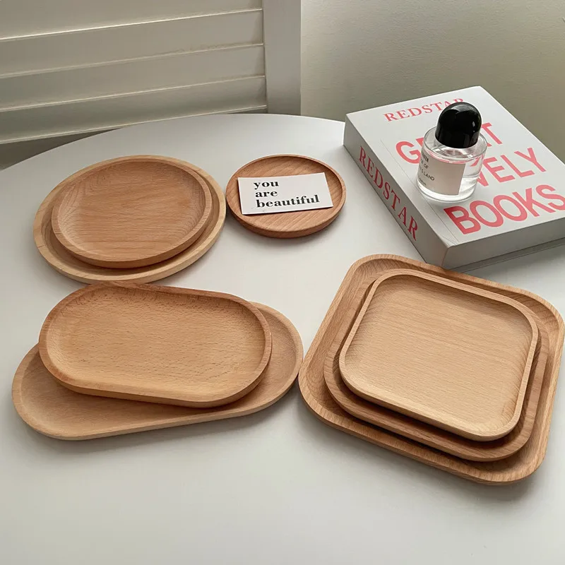 Ins-style wooden tray, round wooden plate, Japanese-style oval beech wood small wooden dish, milk and snack presentation plate