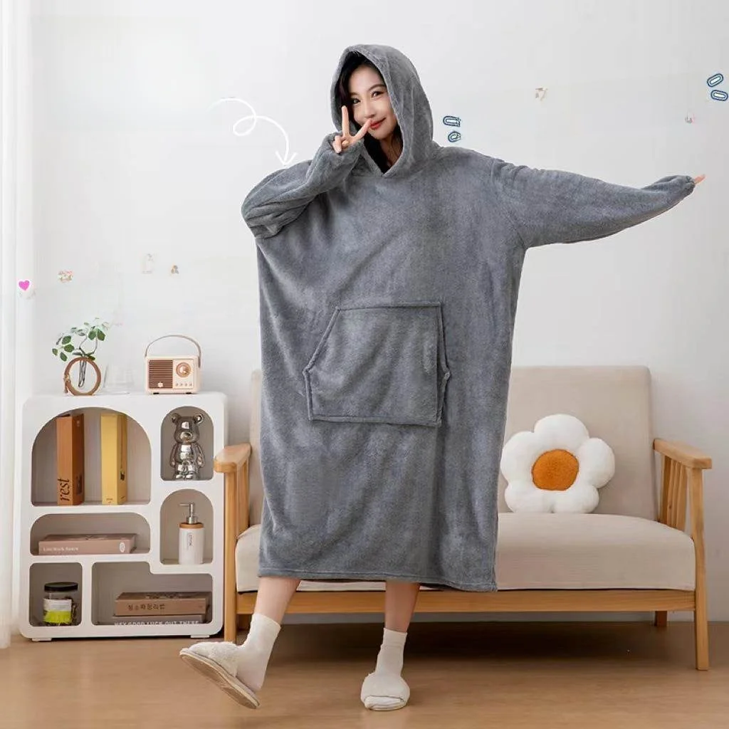 Roupão de Banho Estilo Moletom com Capuz Engrossado, Absorvente, de Secagem Rápida, Não Solta Fiapos, Manta de TV para Casa, Caimento Solto, em Fleece Coral