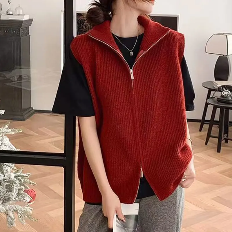 Fashion Autumn Winter Patchwork Zipper Sweater Fashion Tops Solid Color Knitting Cardigan Women\'s Clothing Sleeveless Vests