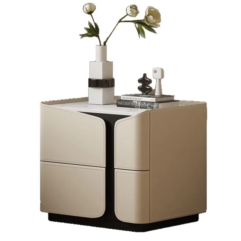 

2025 new rock slab bedside table light luxury premium saddle leather cream style