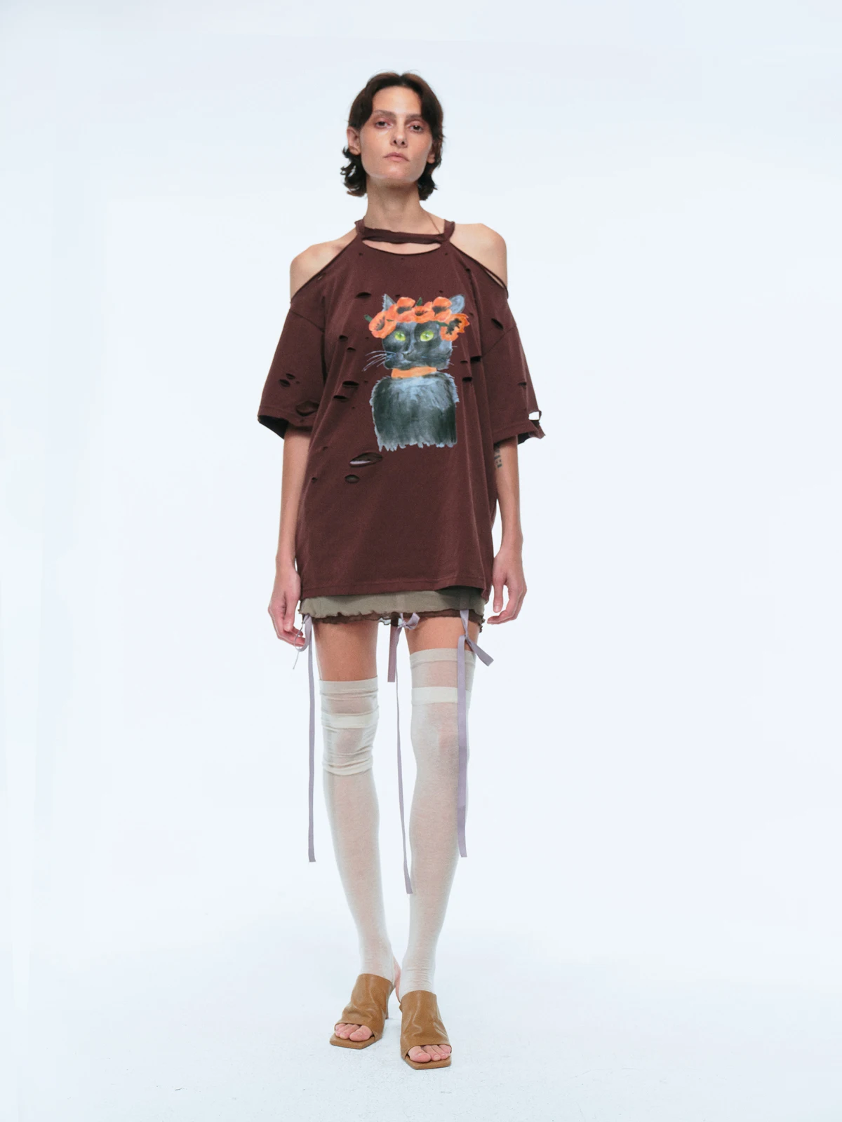 

LUCENCY Vintage Waed Print Hole Casual Versatile American Retro T-irt Women's Loose Fit ort Sve round Ne Summer Top