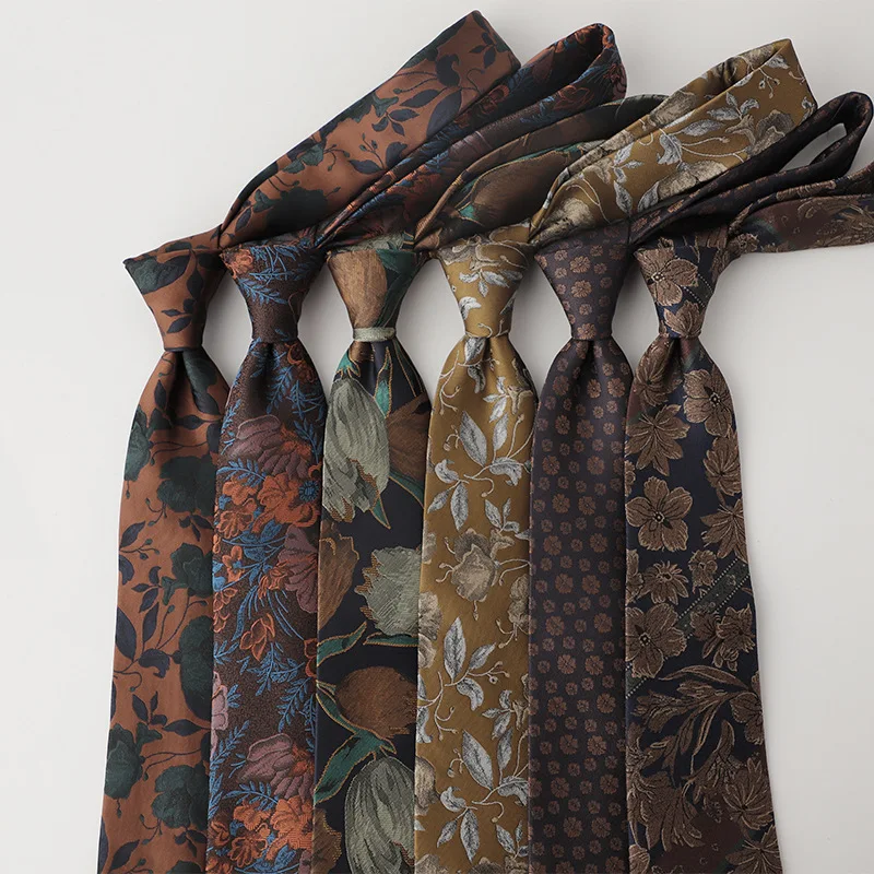 Artistic Vintage Hong‑kong‑style Men Necktie Of Coffee Series,exquisite Jacquard Floral Pattern,elegant Formal Accessory Present