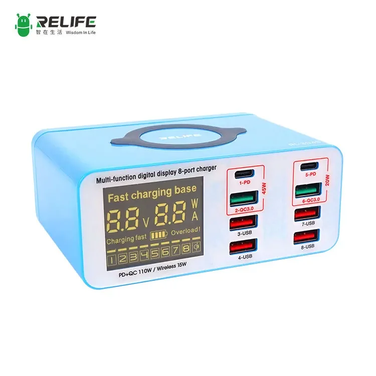 RELIFE RL-304S Multifunctional Digital Display 8 Port Fast Charger 110W High Power Charging With Wireless Charger